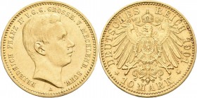 Mecklenburg-Schwerin: Friedrich Franz IV. 1897-1918: 10 Mark 1901 A, Jaeger 233. 3,96 g, 900/1000 Gold. Nur 10.000 Ex., Kratzer, Schrötlingsfehler am ...