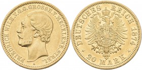 Mecklenburg-Strelitz: Friedrich Wilhelm 1860-1904: 20 Mark 1874 A, Jaeger 238. 7,93 g, 900/1000 Gold. Nur 6.000 Ex., Winzige Kratzer, sehr schön+ / vo...