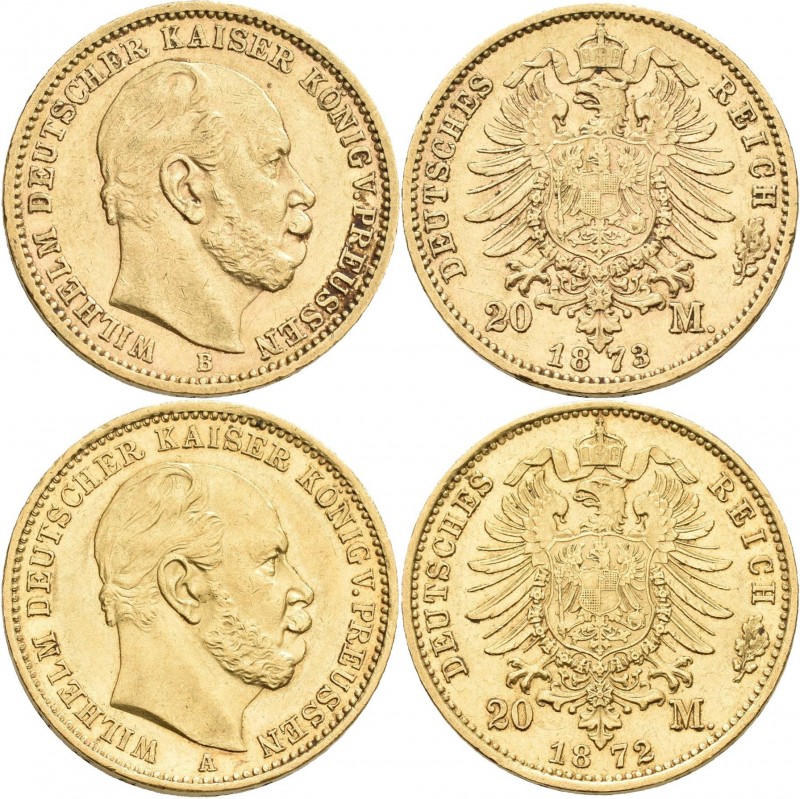 Preußen: Lot 2 Goldmünzen: Wilhelm I. 1861-1888: 20 Mark 1872 A + 1873 B, Jaeger...