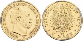 Preußen: Wilhelm I. 1861-1888: 5 Mark 1877 B, Jaeger 244. 1,98 g, 900/1000 Gold. Kratzer, sehr schön.
 [differenzbesteuert]