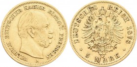 Preußen: Wilhelm I. 1861-1888: 5 Mark 1878 A, Jaeger 244. 1,96 g, 900/1000 Gold. Kratzer, sehr schön.
 [differenzbesteuert]