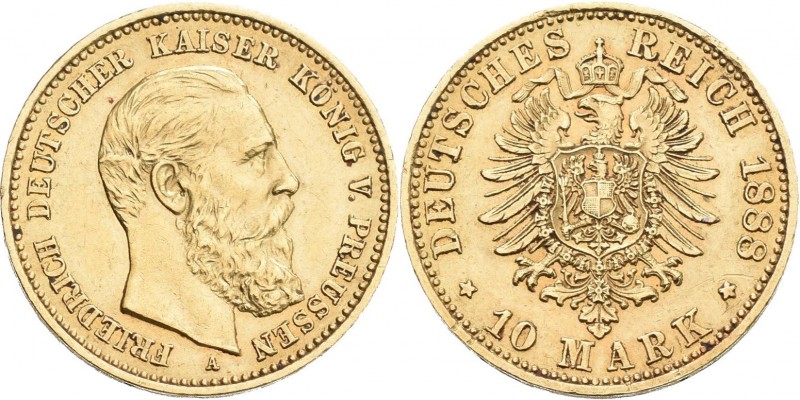 Preußen: Friedrich III. 1888: 10 Mark 1888 A, Jaeger 247, 3,97 g, 900/1000 Gold,...