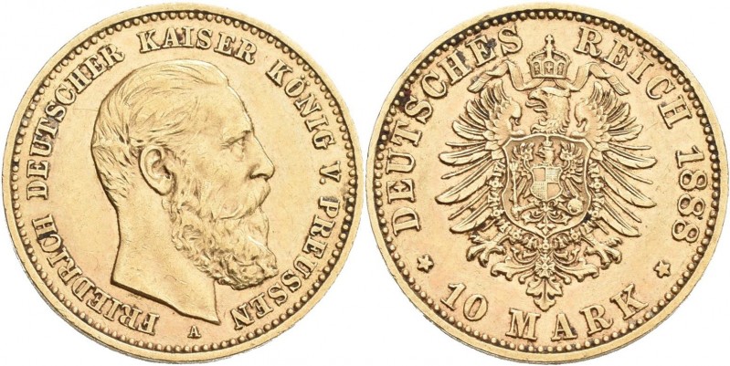 Preußen: Friedrich III. 1888: 10 Mark 1888 A, Jaeger 247, 3,97 g, 900/1000 Gold,...