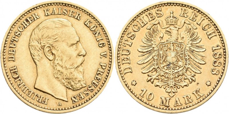 Preußen: Friedrich III. 1888: 10 Mark 1888 A, Jaeger 247. 3,95 g, 900/1000 Gold,...
