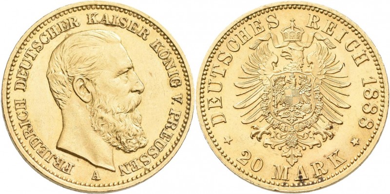 Preußen: Friedrich III. 1888: 20 Mark 1888 A, Jaeger 248. 7,96 g, 900/1000 Gold....