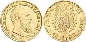 Preußen: Friedrich III. 1888: 20 Mark 1888 A, Jaeger 248. 7,96 g, 900/1000 Gold. Feine Kratzer, winzige Randfehler, sehr schön - vorzüglich.
 [zzgl. ...