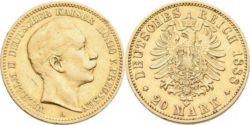 Preußen: Wilhelm II. 1888-1918: 20 Mark 1888 A, Jaeger 250. 7,93 g, 900/1000 Gol...