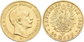 Preußen: Wilhelm II. 1888-1918: 20 Mark 1888 A, Jaeger 250. 7,93 g, 900/1000 Gold. Kratzer, Randfehler, sehr schön.
 [zzgl. 0 % MwSt.]