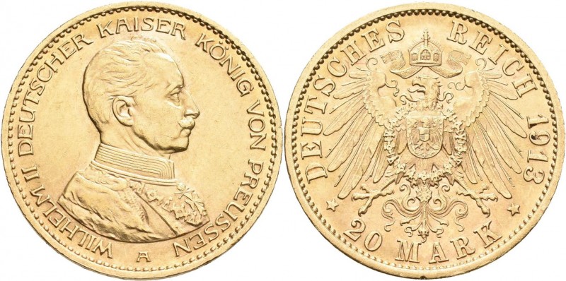 Preußen: Wilhelm II. 1888-1918: 20 Mark 1913 A, Uniform, Jaeger 253. 7,96 g, 900...