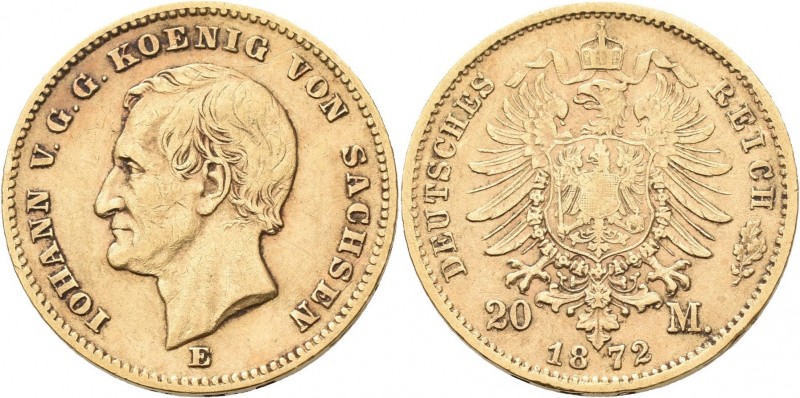 Sachsen: Johann 1854-1873: 20 Mark 1872 E, Jaeger 258. 7,90 g, 900/1000 Gold. Kr...