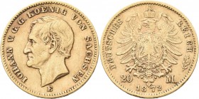 Sachsen: Johann 1854-1873: 20 Mark 1872 E, Jaeger 258. 7,90 g, 900/1000 Gold. Kratzer, Randfehler, sehr schön.
 [zzgl. 0 % MwSt.]