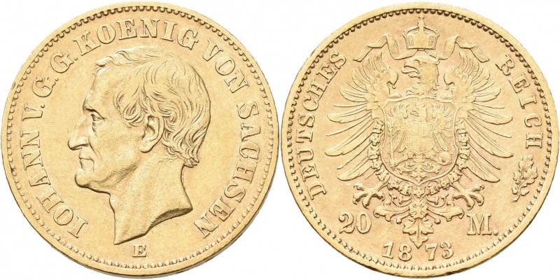 Sachsen: Johann 1854-1873: 20 Mark 1873 E, Jaeger 259. 7,91 g, 900/1000 Gold. Kr...