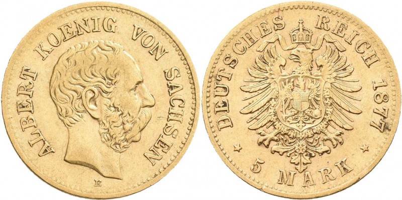 Sachsen: Albert 1873-1902: 5 Mark 1877 E, Jaeger 260. 1,96 g, 900/1000 Gold. Ber...