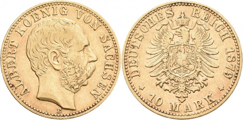 Sachsen: Albert 1873-1902: 10 Mark 1879 E, Jaeger 261. 3,92 g, 900/1000 Gold. Kr...