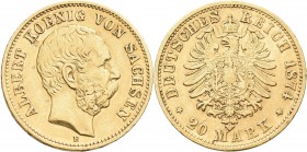 Sachsen: Albert 1873-1902: 20 Mark 1874 E, Jaeger 262. 7,91 g, 900/1000 Gold. Kratzer, Einhieb bei K bei Koenig, sehr schön.
 [zzgl. 0 % MwSt.]