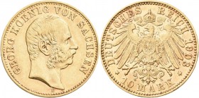 Sachsen: Georg 1902-1904: 10 Mark 1903 E, Jaeger 265. 3,97 g, 900/1000 Gold. Winzige Kratzer, sonst vorzüglich.
 [differenzbesteuert]