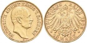 Sachsen: Friedrich August III. 1904-1918: 10 Mark 1906 E, Jaeger 267. 3,95 g, 900/1000 Gold. Kratzer im Gesicht, sehr schön - vorzüglich.
 [differenz...