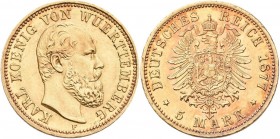 Württemberg: Karl 1864-1891: 5 Mark 1877 F, Jaeger 291. 1,98 g, 900/1000 Gold. Winzige Kratzer, vorzüglich.
 [differenzbesteuert]