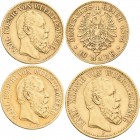 Württemberg: Lot 3 Goldmünzen: Karl 1864-1891: 10 Mark 1874 F + 10 Mark 1879 F, Jaeger 292 + 20 Mark 1876 F, Jaeger 292. Sehr schön+.
 [zzgl. 0 % MwS...