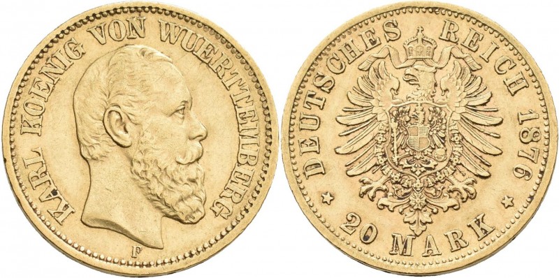 Württemberg: Karl 1864-1891: 20 Mark 1876 F, Jaeger 293. 7,94 g, 900/1000 Gold. ...