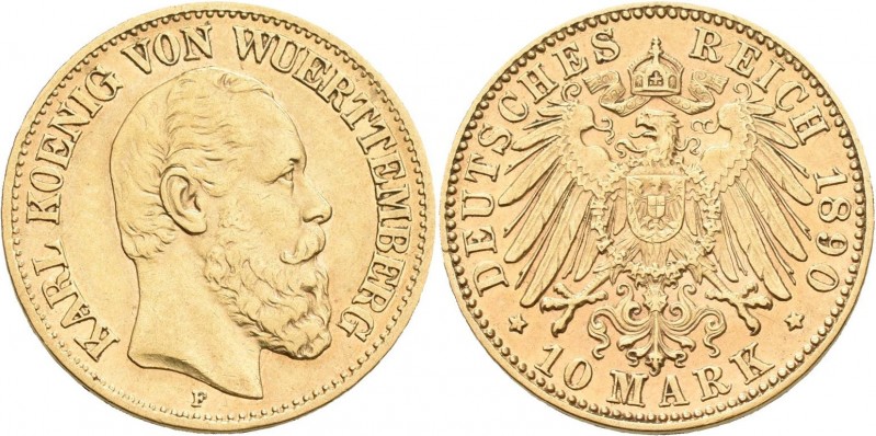 Württemberg: Karl 1864-1891: 10 Mark 1890 F, Jaeger 294. 3,94 g, 900/1000 Gold. ...