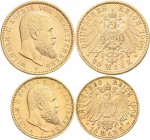 Württemberg: Lot 2 Goldmünzen: Wilhelm II. 1891-1918: 10 Mark 1905 F, Jaeger 295 + 20 Mark 1900 F, Jaeger 296. Vorzüglich.
 [zzgl. 0 % MwSt.]