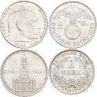 Drittes Reich: Kleines Lot 3 Münzen in überdurchschnittlicher Erhaltung: 1 Mark 1912 E (J. 17) stempelglanz, 2 Reichsmark 1934 E, Garnisonkirche mit D...
