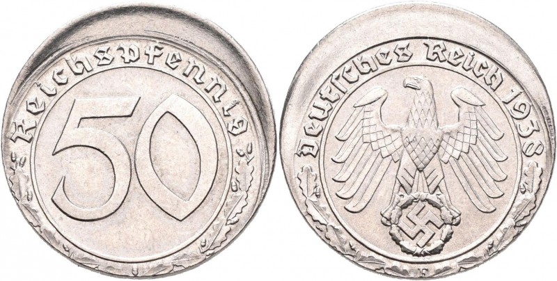 Drittes Reich: 50 Pfennig 1938 F, Jaeger 365. Dezentriert. Sehr seltene Fehlpräg...