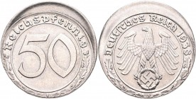 Drittes Reich: 50 Pfennig 1938 F, Jaeger 365. Dezentriert. Sehr seltene Fehlprägung. Vorzüglich - stempelglanz.
 [differenzbesteuert]