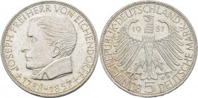 Bundesrepublik Deutschland 1948-2001: 5 DM 1957 J, Freiherr von Eichendorff, Jaeger 391. Feine Kratzer, winzige Randfehler, fast vorzüglich.
 [differ...