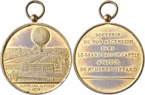 Medaillen alle Welt: Frankreich, Medaille 1878 von Charles Trotin, Aufstieg eines Ballon über Paris. Luftaufnahme Paris mit Ballon bei der Pariser Aus...
