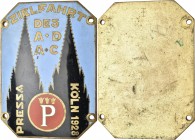 Medaillen Deutschland: Automobil: Einseitige emaillierte Buntmetall-Plakette 1928. ”Zielfahrt des ADDC Pressa Köln 1928”, 85,5 x 61,5 mm, 118 g, klein...