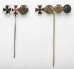 Orden & Ehrenzeichen: Erster Weltkrieg: Anstecknadel mit 3 Miniaturorden, darunter das Hanseatenkreuz von Lübeck. Zusätzlich ist noch eine Anstecknade...
