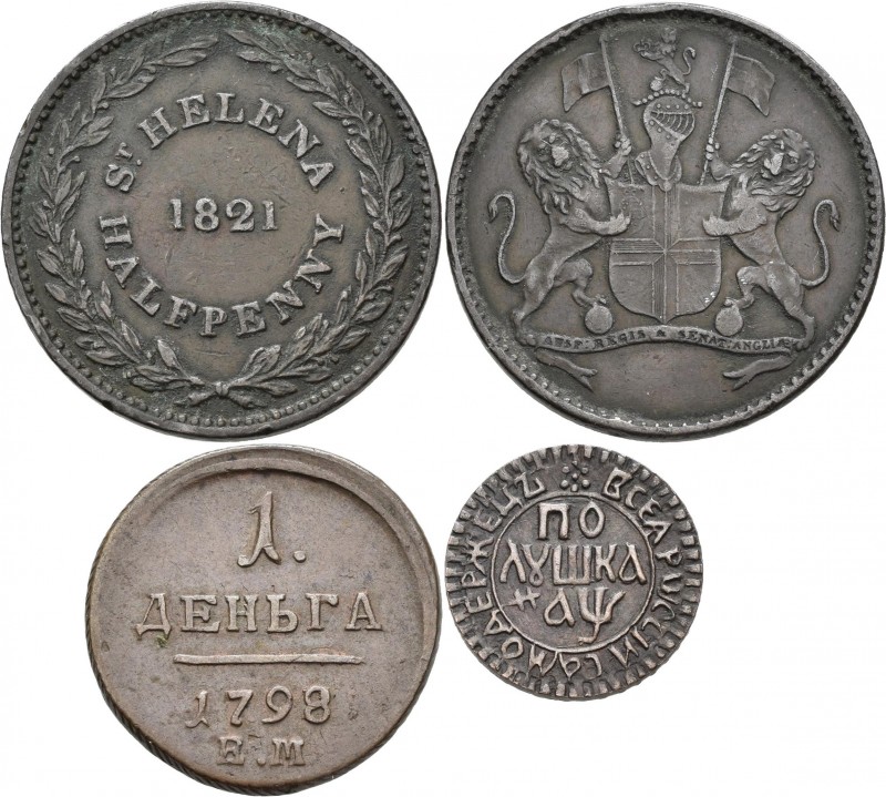 Alle Welt: Lot 4 Kupfermünzen, dabei: Sarawak 1 Cent 1886, St. Helena Half Penny...