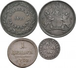 Alle Welt: Lot 4 Kupfermünzen, dabei: Sarawak 1 Cent 1886, St. Helena Half Penny 1821, Russland 1 Denga 1798, Russland Poluschka 1700 (in Kyrillischen...