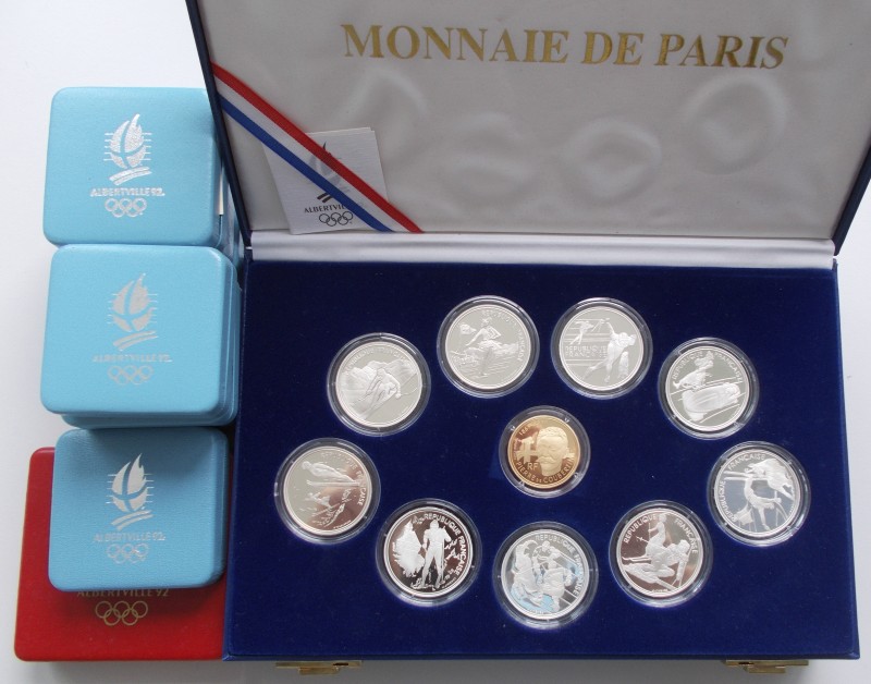 Frankreich: Olympische Spiele in Albertville 1992: Set 9 x 100 FRF Silber Gedenk...