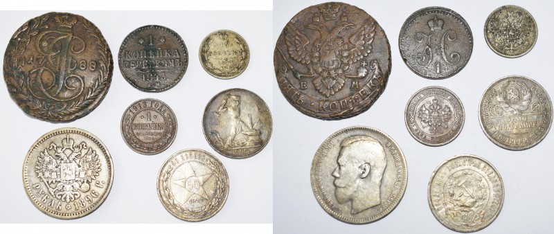 Russland: Kleines Lot 7 Münzen, dabei: 5 Kopeken 1788, 1 Kopeka 1843, 15 Kopeken...