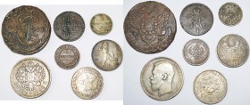 Russland: Kleines Lot 7 Münzen, dabei: 5 Kopeken 1788, 1 Kopeka 1843, 15 Kopeken 1870, 1 Rubel 1896, 1 Kopeke 1913, 50 Kopeken 1922 und Poltinnik 1925...