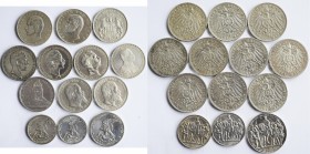 Umlaufmünzen 2 Mark bis 5 Mark: Kleines Lot 13 Münzen, dabei 2 und 3 Mark aus Bayern, Hamburg, Preußen, Sachsen sowie Württemberg.
 [differenzbesteue...