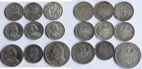 Umlaufmünzen 2 Mark bis 5 Mark: Kleines Lot 9 Münzen, dabei 2 und 3 Mark Gedenkmünzen aus Preußen sowie 2 und 5 Mark aus Bayern.
 [differenzbesteuert...