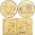 Medaillen Deutschland - Personen: Lot 7 Goldmedaillen mit diversen Persönlichkeiten, dabei: 2 x Ludwig Uhland (rund 3,99 g 900/1000, rechteckig 7,96 g...