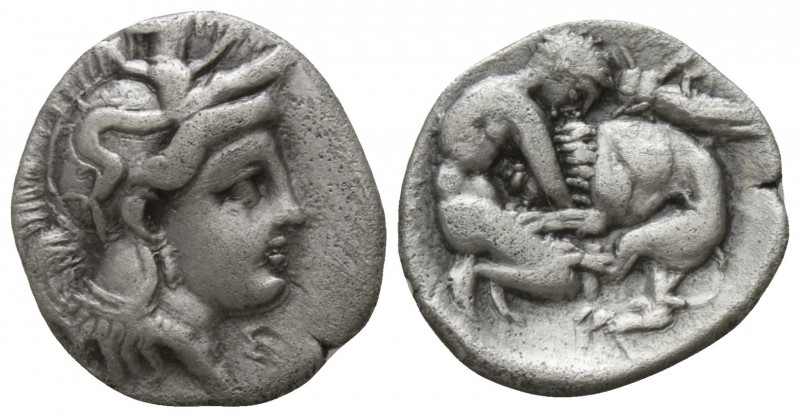 Calabria. Tarentum circa 325-280 BC.
Diobol AR

12mm., 1,00g.

Helmeted hea...