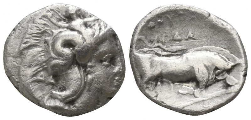 Lucania. Thourioi circa 400-350 BC.
Diobol AR

11mm., 1,13g.

Head of Athen...