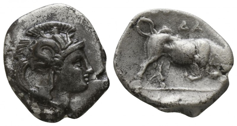 Lucania. Thourioi circa 400-350 BC.
Diobol AR

11mm., 1,05g.

Head of Athen...