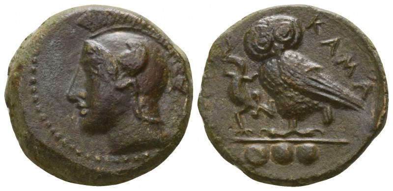 Sicily. Kamarina circa 420-410 BC.
Tetras AE

14mm., 3,54g.

Helmeted head ...