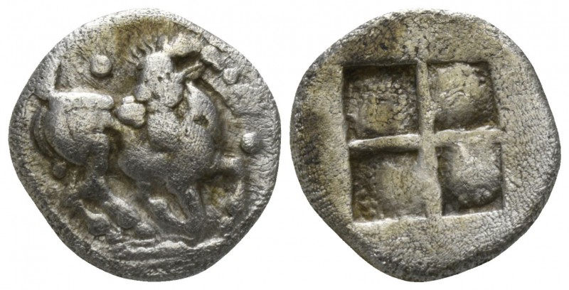 Macedon. Aegae circa 510-480 BC.
Trihemiobol AR

11mm., 0,89g.

Goat kneeli...