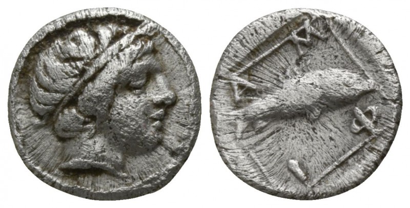 Macedon. Amphipolis circa 357-353 BC.
Obol AR

7mm., 0,44g.

Head of Apollo...