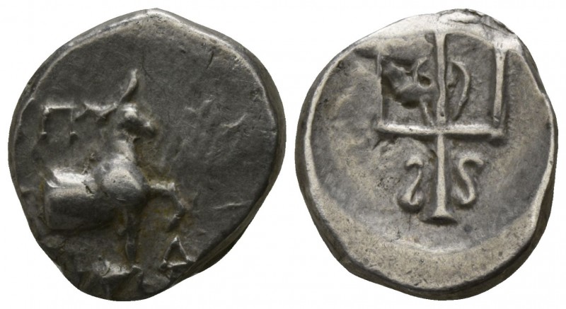 Thrace. Byzantion circa 353-340 BC.
Hemidrachm AR

11mm., 1,88g.

[Y]ΠY (ΠY...