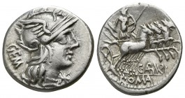 M. Aburius M.f. Geminus.  132 BC. Rome. Denar AR
