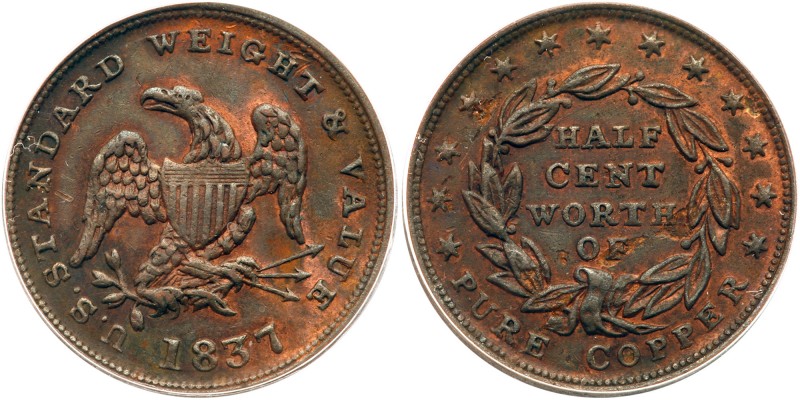 1837 Half Cent Token, Low-49 Rulau HT-73 R2 ANACS graded AU50 Cleaned. Frosty st...